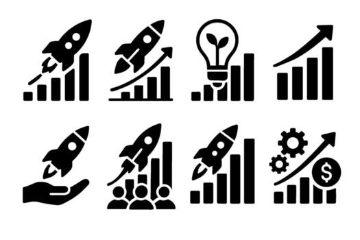 puesta en marcha crecimiento y negocio lanzamiento icono colocar. negro símbolos de innovación y éxito vector