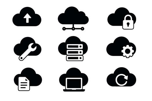 Cloud computing and data storage icon set. black symbols of network services vector