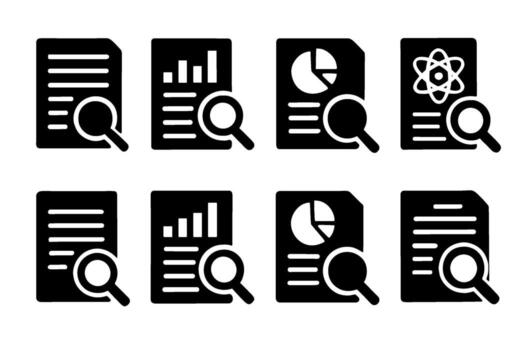 investigación y datos análisis icono colocar. negro símbolos de documento revisión vector