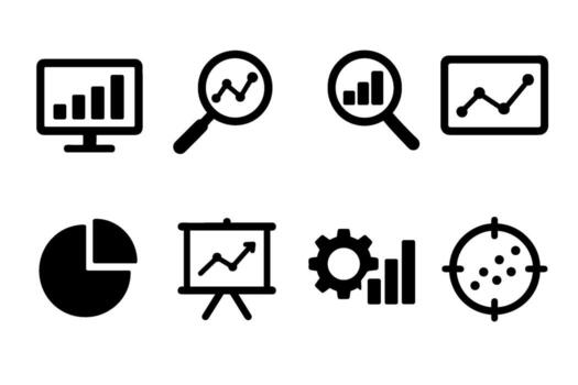 Data and market analytics icon set. symbols of research and statistics vector
