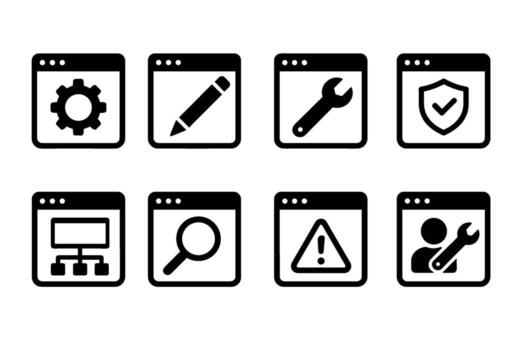 administración panel y backend icono colocar. negro símbolos de sitio web ajustes y herramientas vector