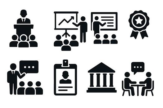 Education and Training Icon Set. black academic symbols of lecture, seminar, certificate, university, and workshop illustrations vector
