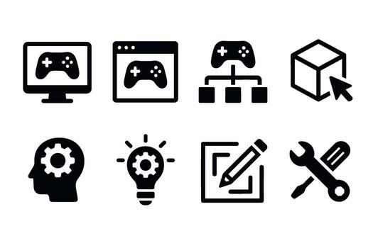 juego desarrollo icono colocar. negro símbolos de juego creación y diseño vector