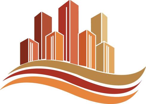 A stylized representation of a city skyline featuring abstract skyscrapers in warm tones, set against a clean white backdrop with undulating lines below. vector