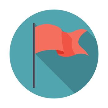 a flat design icon of a red flag waving on a pole, set against a teal circular background with a long shadow vector