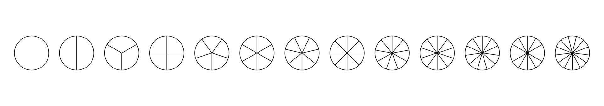 Segmented charts. Parts of diagram wheel from 1 to 13. Template of pie chart. Sectors divide the circle on equal parts. Coaching blank. Outline black graphics. Set of pie charts, pizza charts. vector