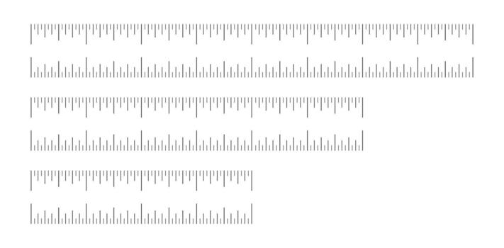 Ruler scale, measuring chart with 4, 6 and 8 inches set. Length measurement, distance, math and height. Template of sewing tool. vector