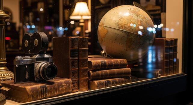 A globe, books and a camera are displayed in a window photo