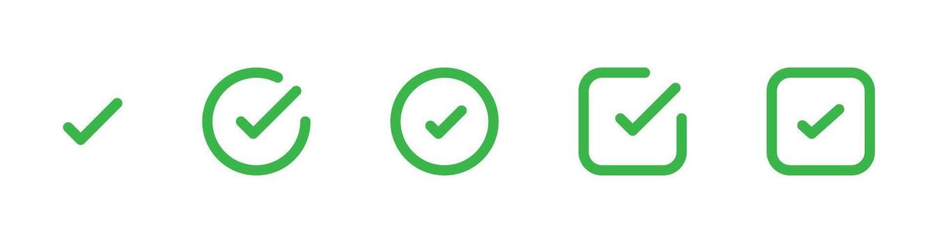 Checkmark green outline style with various shapes icon set vector