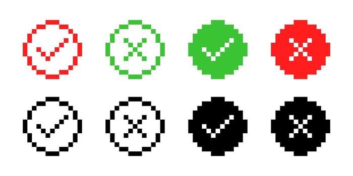 Checkmark and cross signs in pixel style icon set vector