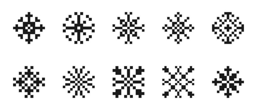 Pixel snowflakes set. Snowflakes geometric shapes. Retro 8 bit pixelated snowflakes. Minimalist pixel elements vector