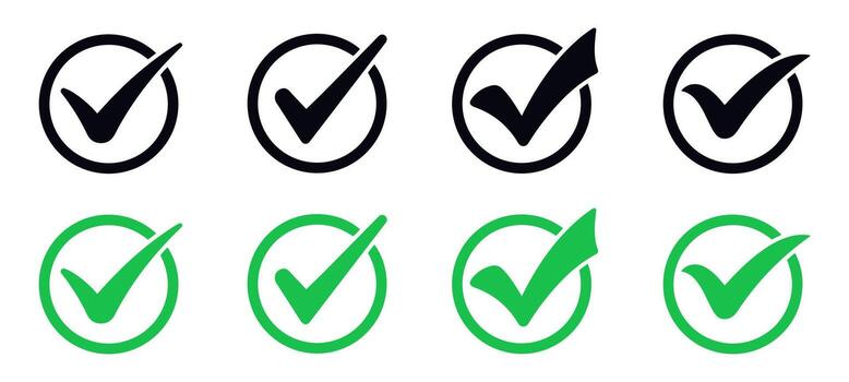 Checkmark in circle icons in black and green flat design vector