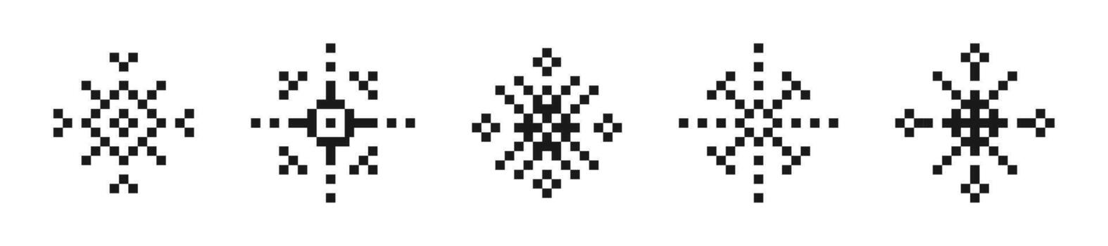 Set of snowflakes or winter icon in pixel art. Pixel snowflakes illustration. Snowflakes in pixel art. Christmas snowflake icon for digital interface in pixel style. vector