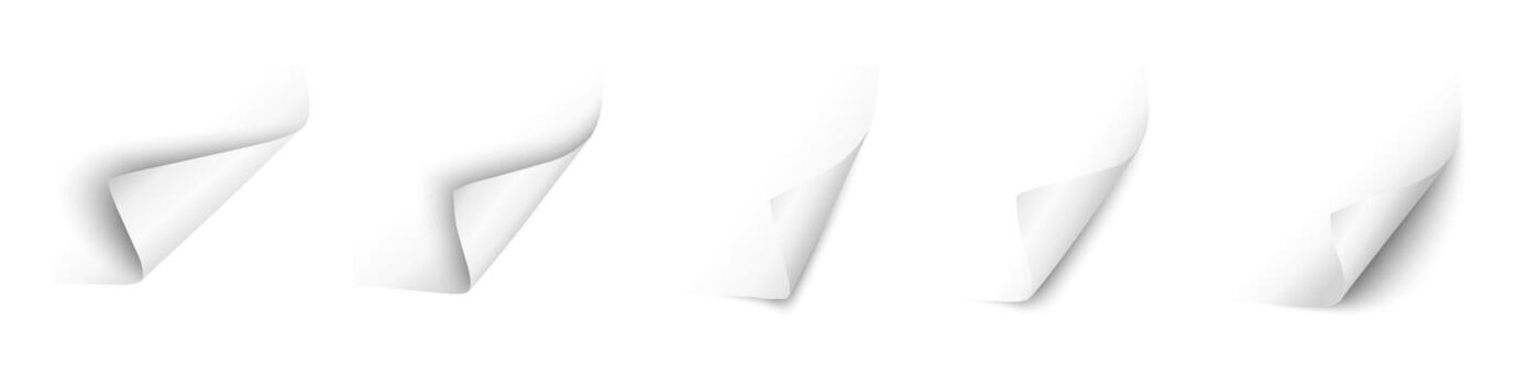 Realistic curved paper corners illustration. Flipping book effect. Page curl or bent edges of paper. Folded piece of sheet vector