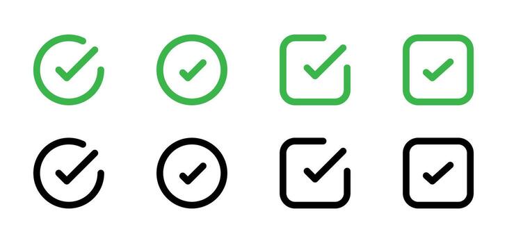 Checkmark in square and circle green and black outline style icon set vector