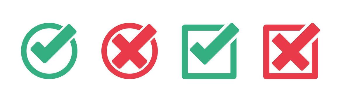 Checkmark and cross flat green and red circle and square shaped icons vector