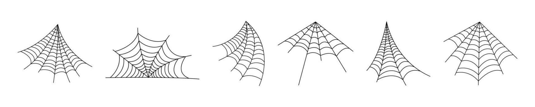 Halloween decor, spider cobweb, hand drawn illustration. Spiderweb vectors. Set of spider web for Halloween. Halloween cobweb frames and borders. Spiderweb elements vector