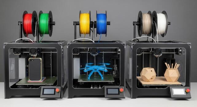 A row of modern 3D printers with colorful filaments creating objects photo