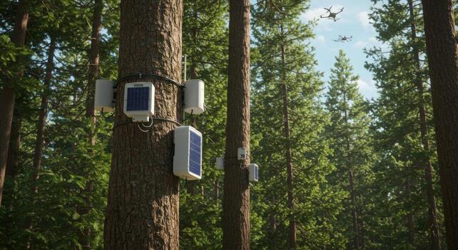 Smart sensors on trees for environmental monitoring in a forest ecosystem photo