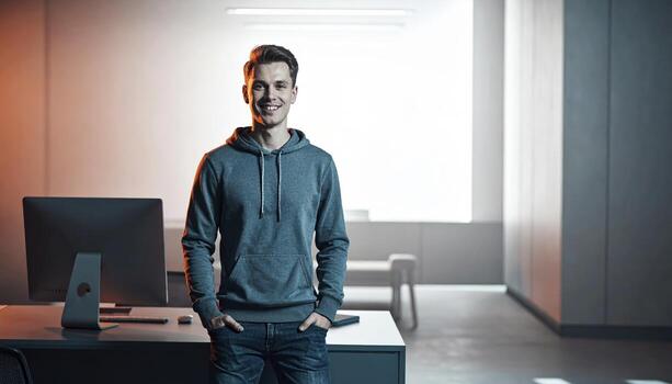 Smiling man in hoodie standing in office with hands in pockets. photo