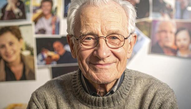 Portrait of a happy elderly man with glasses smiling warmly at the camera with cherished family photos in the background.