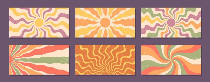 Retro sun burst spiral with groovy wave style set. Sunshine and orange yellow burst create a y2k swirl pattern, horizontal background and grunge set add artistic grungy texture. vector