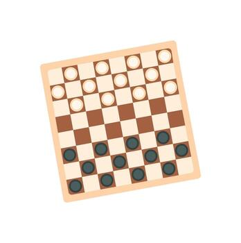 Flat checkers boardgame with black and white pieces. Checkerboard for strategy and tabletop play at home. Simple design for family fun, leisure, wooden game entertainment. vector