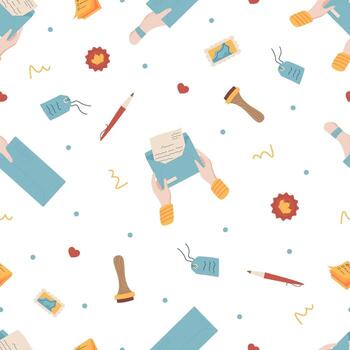 Mail seamless pattern doodle background. Letter, envelope, stamp, post, handwritten pen and message form creative arrangement. Doodle style, seamless layout, perfect background for stationery, paper, vector