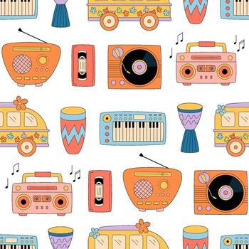 Colorful musical instruments and devices pattern vector