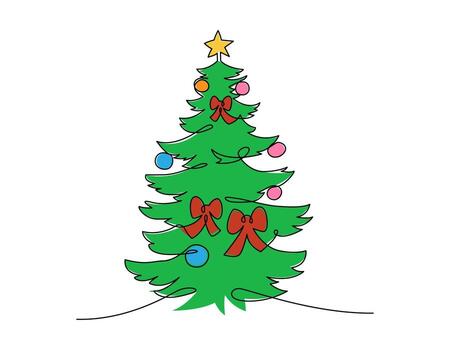 continuo línea dibujo y color Navidad árbol con nieve cubierto y saludo alegre Navidad escritura vector