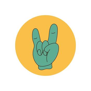 Groovy hand sticker in retro badge style, flat yellow circle with playful symbol and label. Modern lid concept for package or y2k product accent, vibrant illustration for cool usage. vector