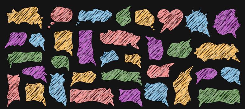 Chalk squiggle speech bubble set with diagonal and rectangle textbox shapes. Organic cloud banners and message sketch elements on a dark background. Abstract graphic for creative communication. vector