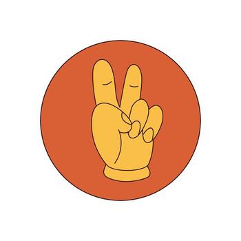 Groovy retro yellow hand sign as flat sticker label. Hippie symbol with positive and vintage style, circular package mark and y2k lid accent in vibrant color, ideal for sticker or label use. vector