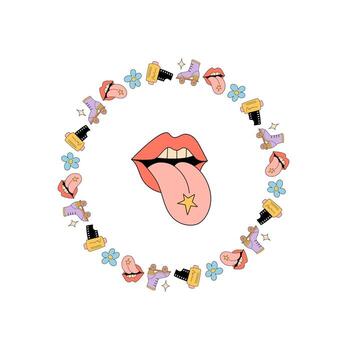 Groovy retro circle border with playful flower and star elements in a colorful pink and funky sticker style pattern. Psychedelic pop y2k pattern, cheerful creative look for trendy vector