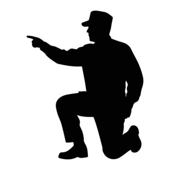 Man pointing with finger while kneeling silhouette vector