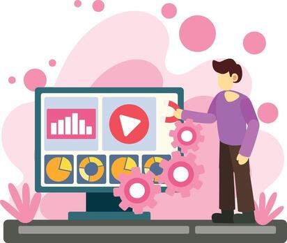 hombre optimizando digital márketing tablero ilustración vector