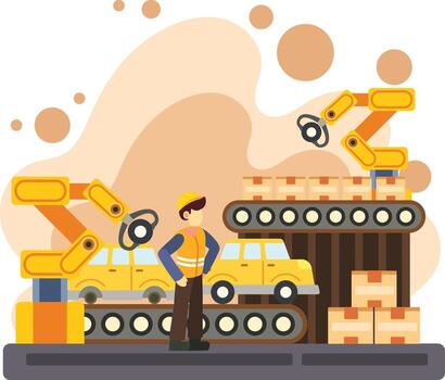 Automated car factory with robotic arms illustration vector