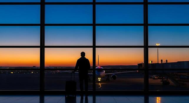 un persona en pie en frente de un ventana con un avión en el antecedentes foto