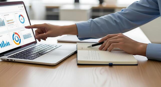 un persona utilizando un ordenador portátil a acceso un sitio web con gráficos y cartas foto