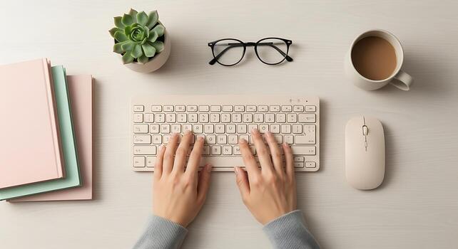 parte superior ver de manos mecanografía en un teclado y ratón con un cuaderno y lentes foto