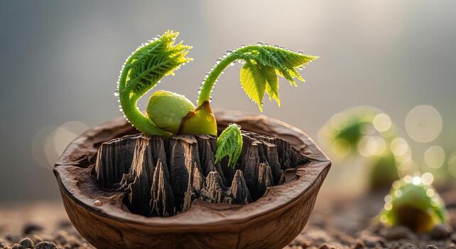 New Life Sprouting from Walnut Shell Growth Nature and Spring photo