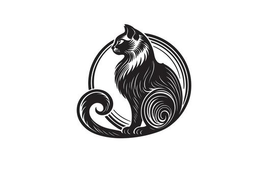 Elegant Black Cat Illustration in Circular Frame Modern Feline Design Isolated on White Background Graphic for Creative Projects vector