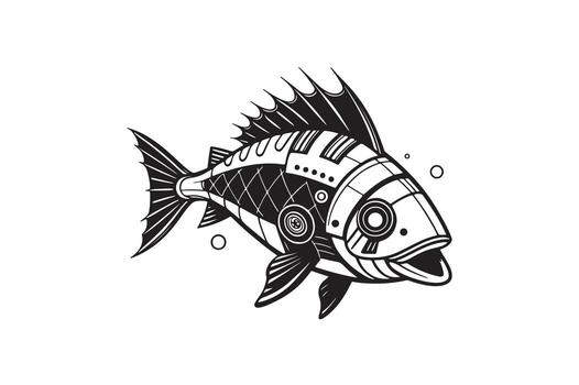 Abstract Robotic Fish Illustration with Geometric Patterns and Fine Details on a White Background for Creative Designs vector