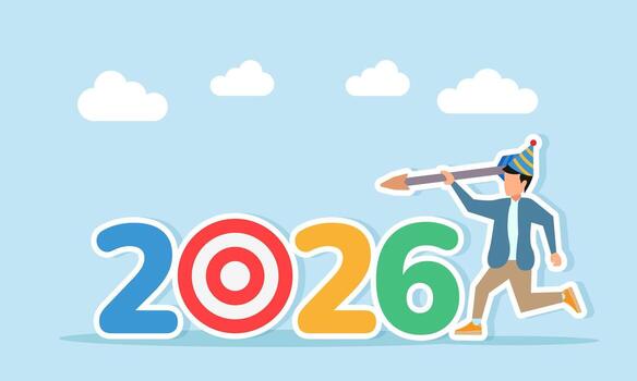 Man wearing a party hat running with an arrow aiming to hit a target board shaped like zero in the number 2026 illustration of appreciation for New Year 2026 celebration vector