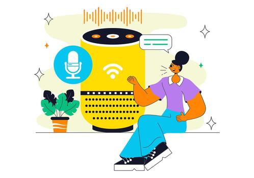 Individual interacting with a smart speaker vector