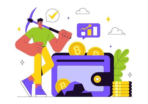 Illustration of bitcoin mining and wallet vector