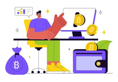 Person analyzing cryptocurrency investment on computer vector