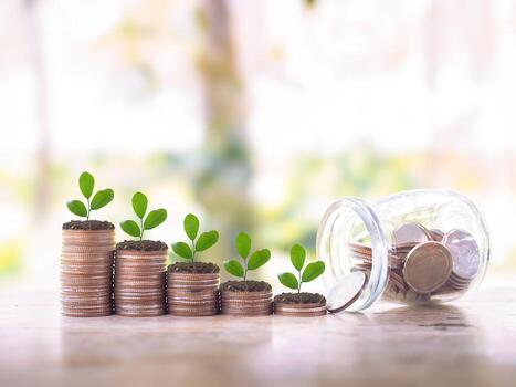 Glass bottle and plants growing up on stack of coins. The concept of save money for prepare in the future photo
