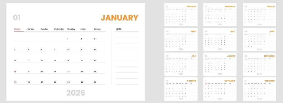 Clean and simple calendar template for 2026. Monthly 2026 calendar layout with daily planner and notes. vector