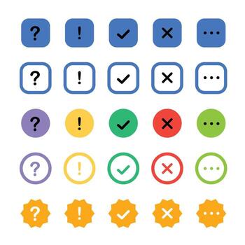 Icon set of check mark, information icon, chat, cross, question mark, exclamation point, FAQ sign. Tick, question, information illustration vector